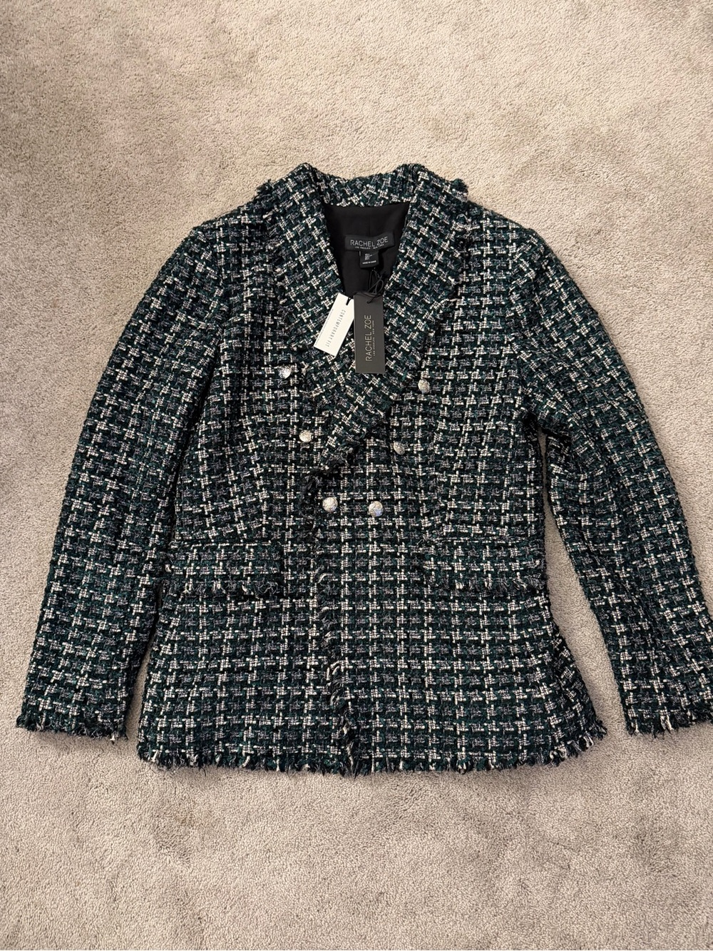 NWT Rachel Zoe Green & Black Silver Tweed Double-Breasted Blazer Jacket Sz L